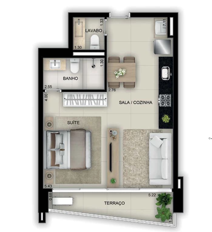 Planta 3303 e 46 m² no Gyro Vaca Brava Design