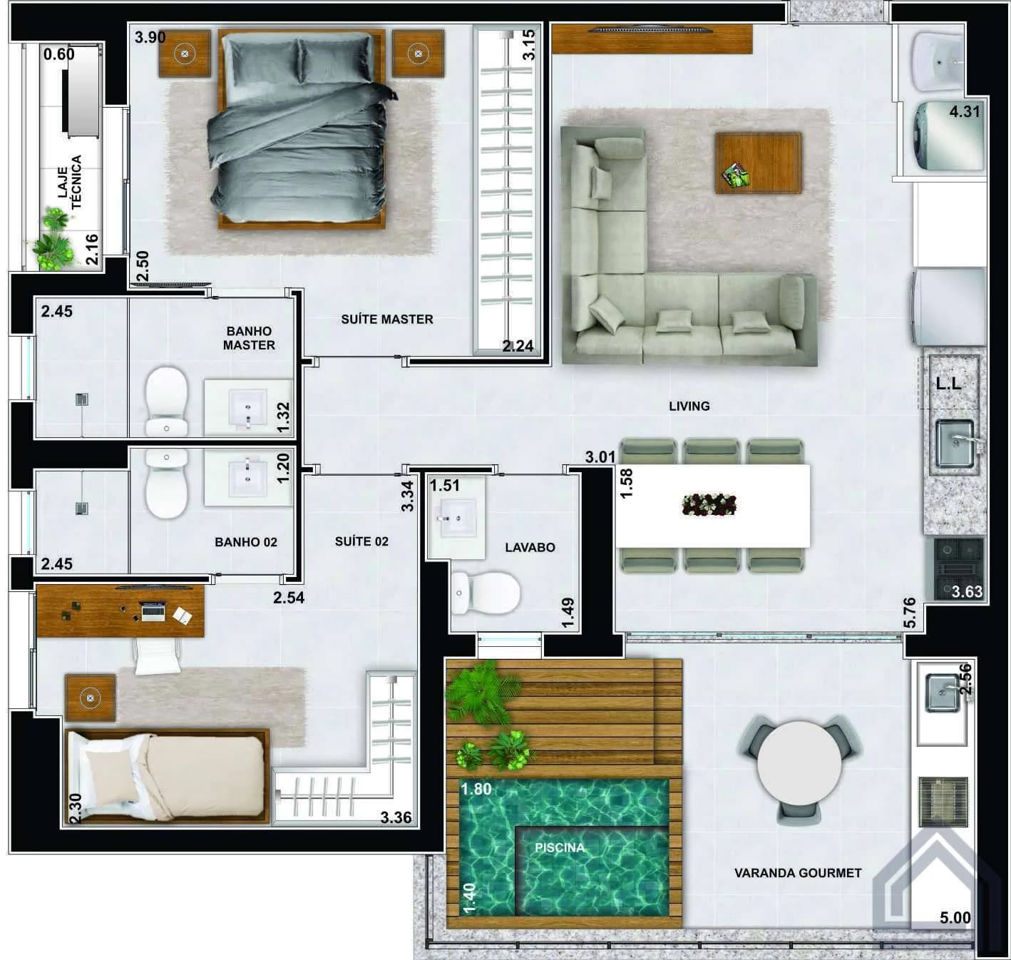 Planta 2 Quartos e 81 m² no Azure Compact Life