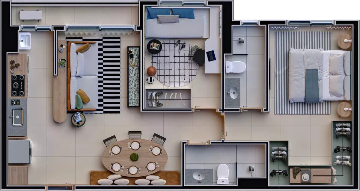 Planta 2 Quartos e 63 m² no Inside Park Home