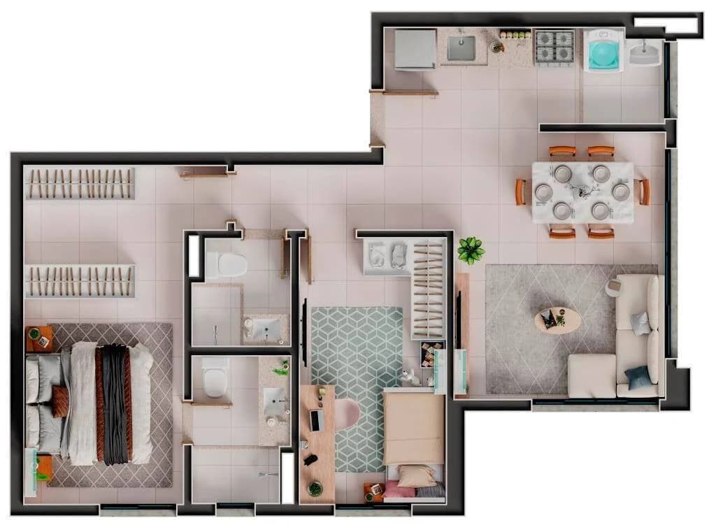 Planta 2 Quartos e 64 m² no Near Easy Style