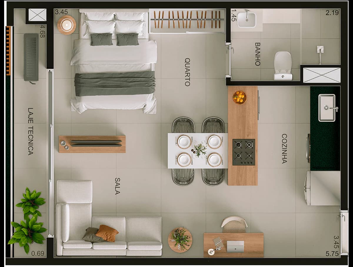 Planta Studio e 37 m² no Smart 36