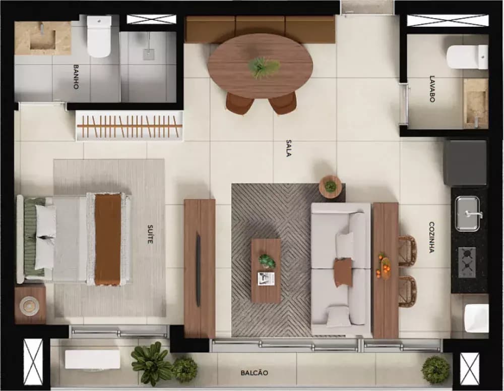 Planta 1 Quarto e 43 m² no Cidade Ybiti Home