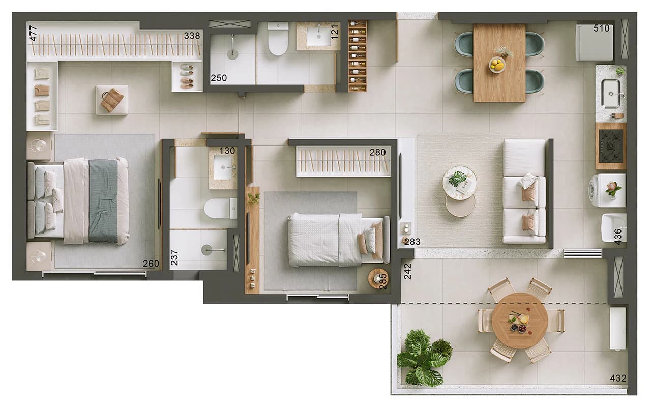 Planta 2 Quartos e 63 m² no Soft Connect 15