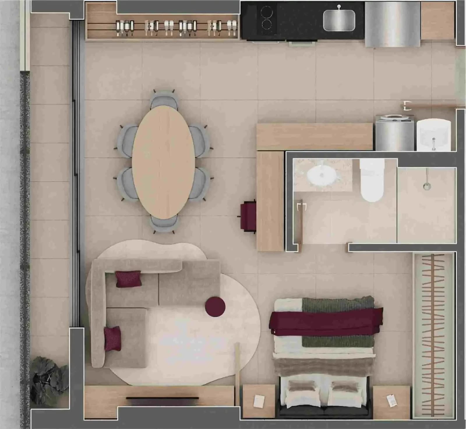 Planta 1 Quarto e 45 m² no Obliq Consciente