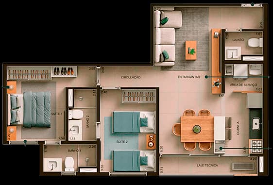 Planta 2 Quartos e 66 m² no Wish Gran Six