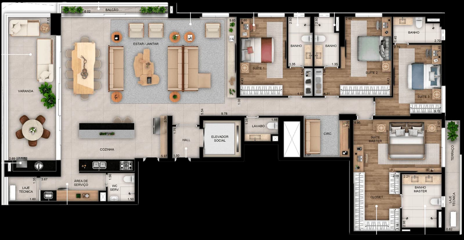 Planta 4 Quartos e 243 m² no Opus Sense Ricardo Paranhos