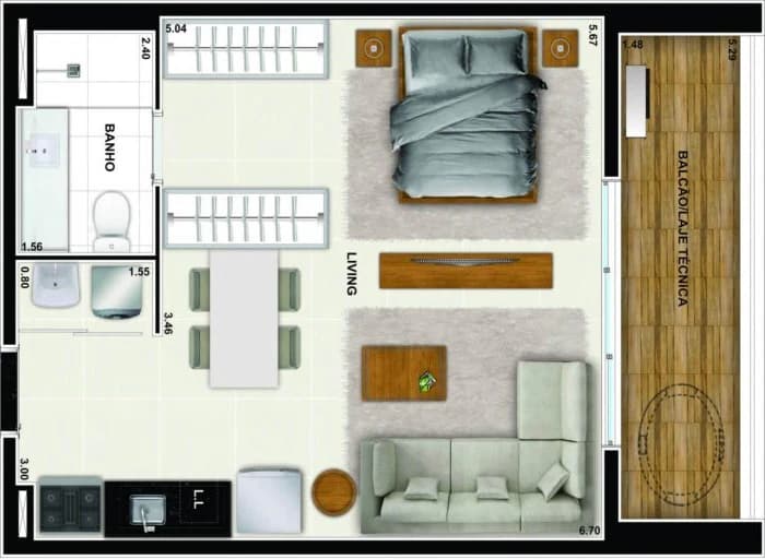 Planta Studio e 51 m² no Hub Compact Life