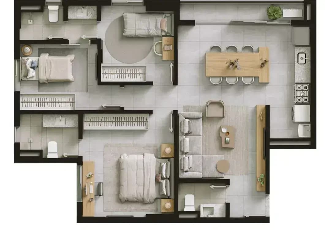 Planta 3 Quartos e 84 m² no Hello Viver Universitário