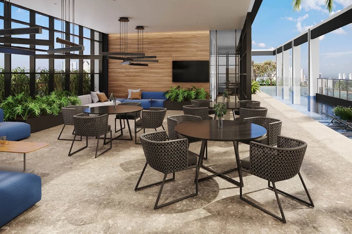 Terraco coletivo no Opus Gyro Rooftop, em Goiânia