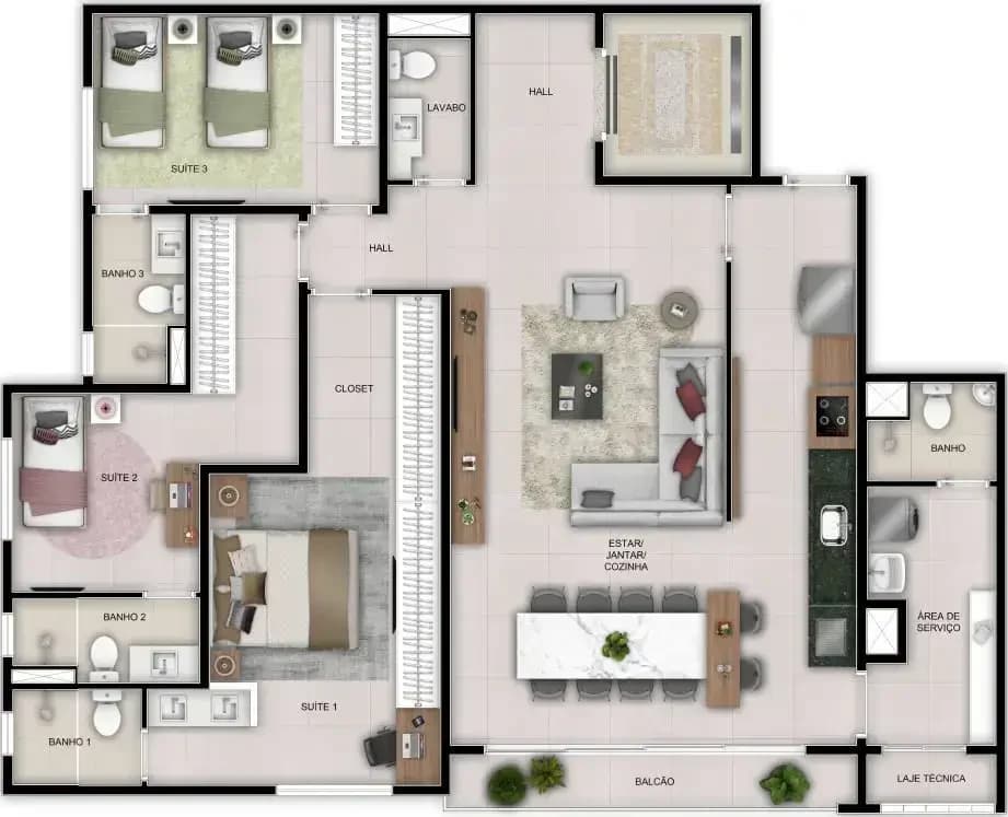 Planta 3 Quartos e 130 m² no Wide by EBM Praça do Sol