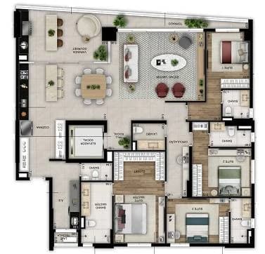 Planta 4 Quartos e 208 m² no Arq Opus