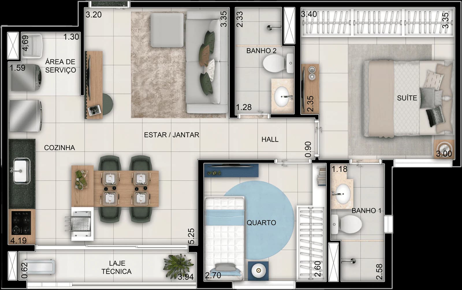Planta 2 Quartos e 58 m² no Wish 37