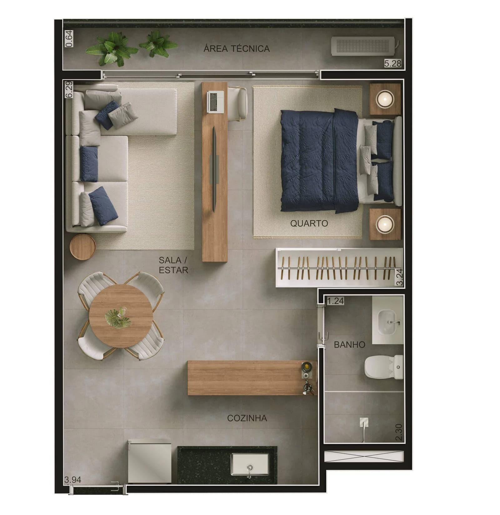 Planta Studio e 40 m² no Volt C-220