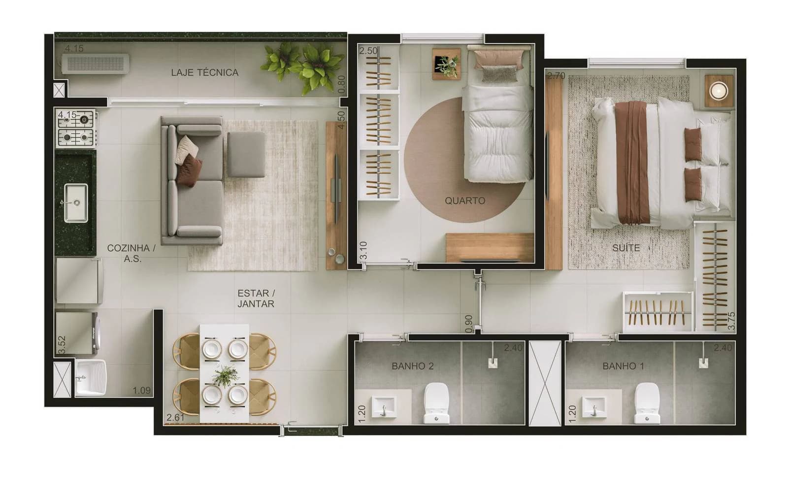 Planta 2 Quartos e 55 m² no Loc Serrinha
