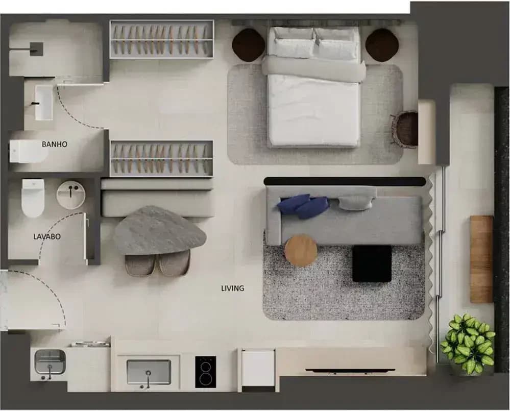 Planta 1 Quarto e 50 m² no B.Side by City