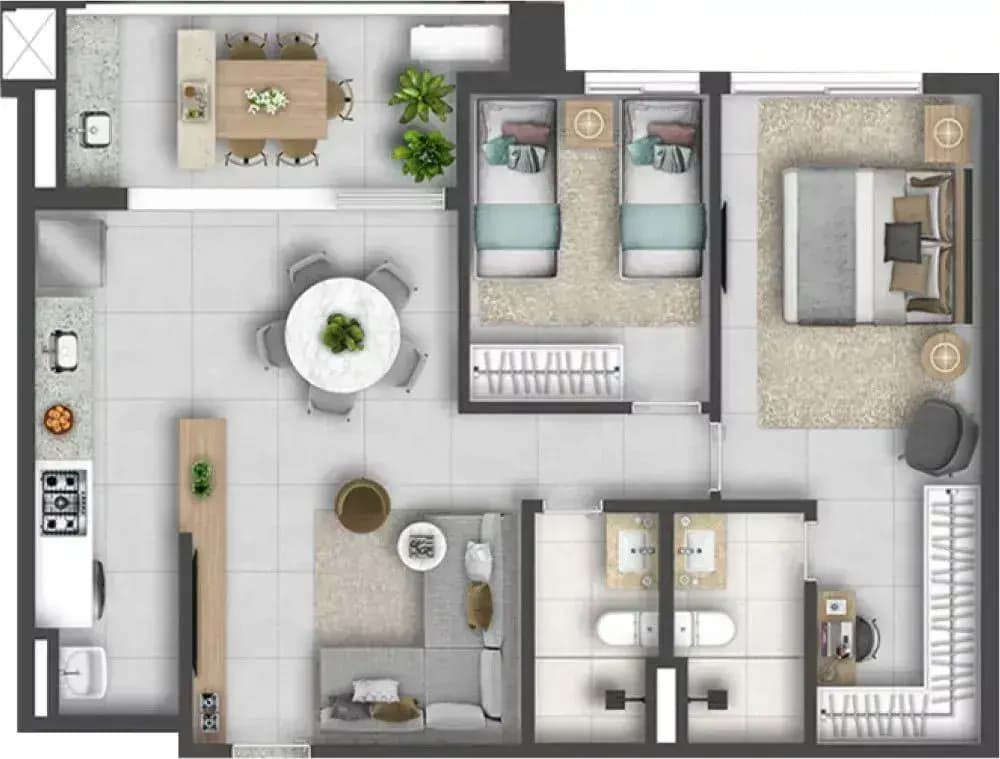 Planta 2 Quartos e 76 m² no Ázus Casa Conceito