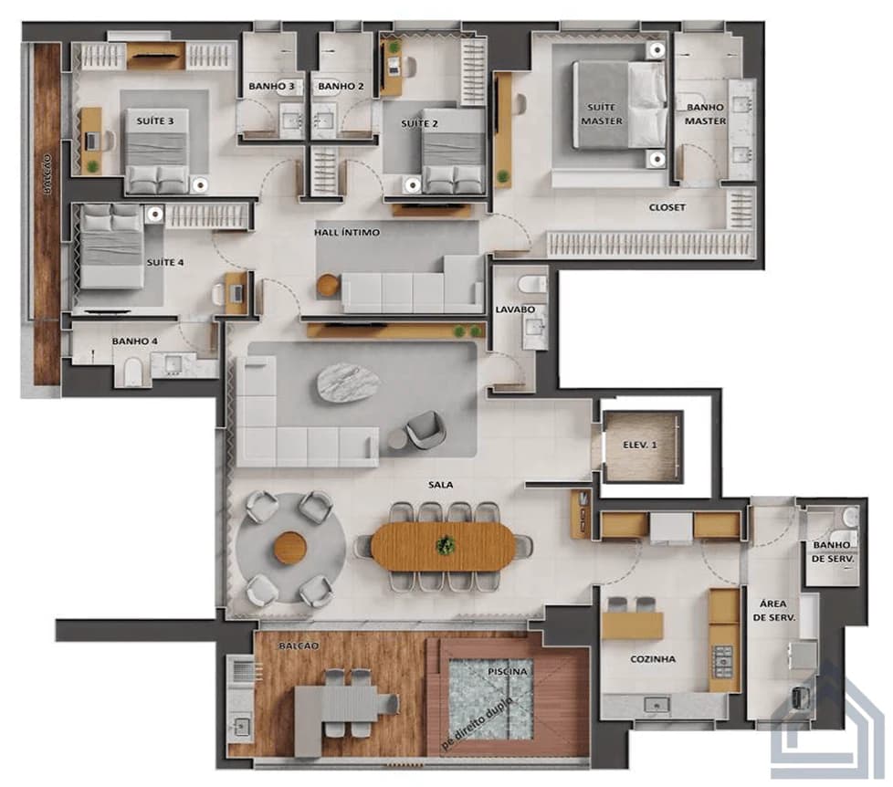 Planta 4 Quartos e 229 m² no City House