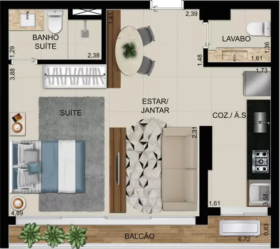 Planta 1 Quarto e 44 m² no Opus Gyro O2 Reserva Ybiti