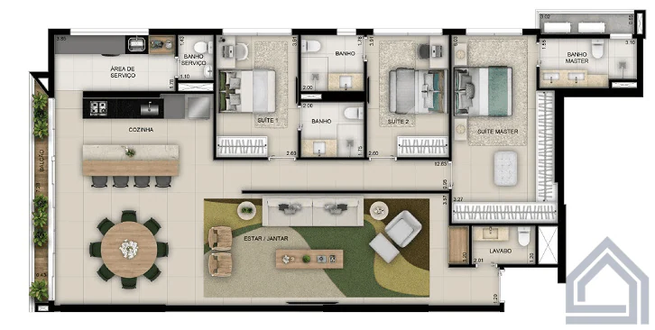 Planta 3 Quartos e 157 m² no Opus Brava Design
