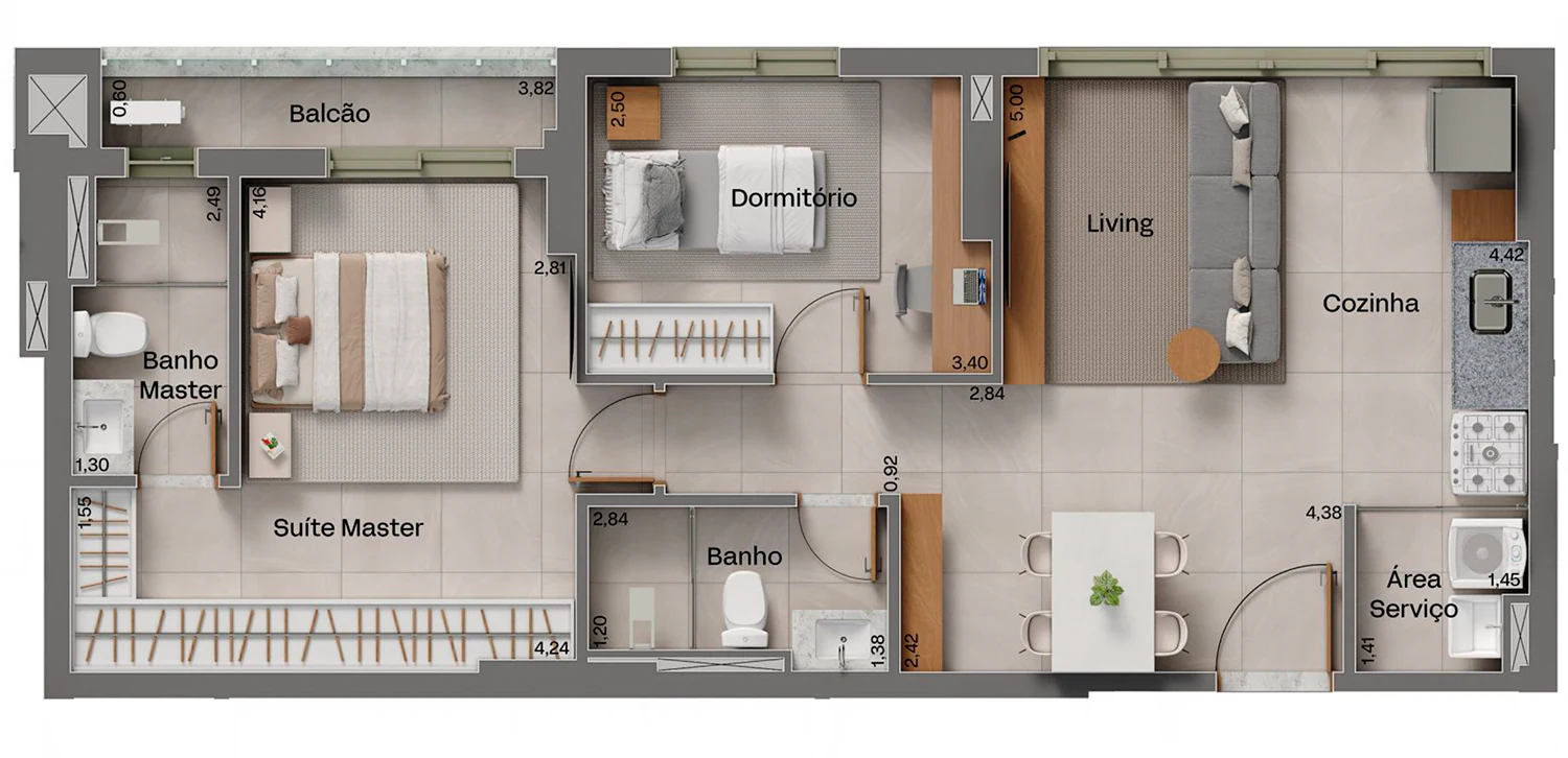 Planta 2 Quartos e 68 m² no Serrano