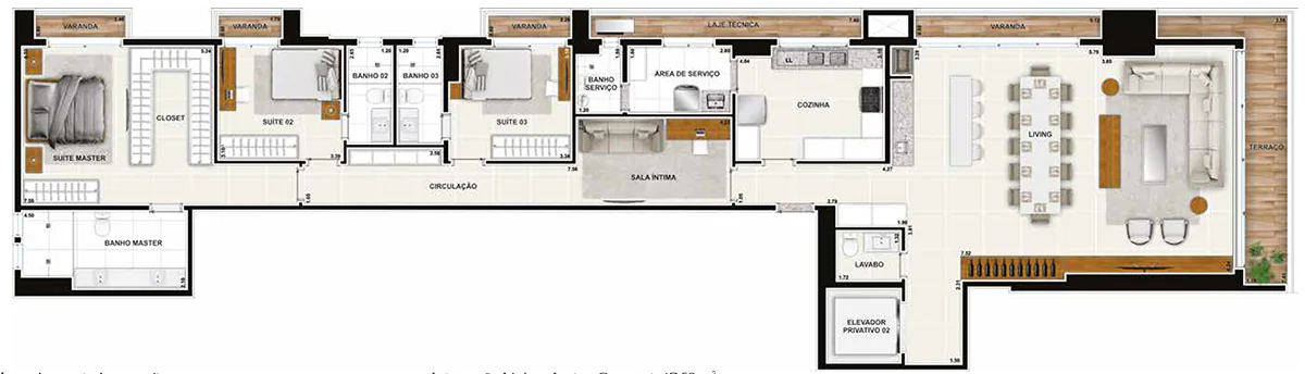 Planta 3 quartos · 222 m² no Legend Praça do Sol