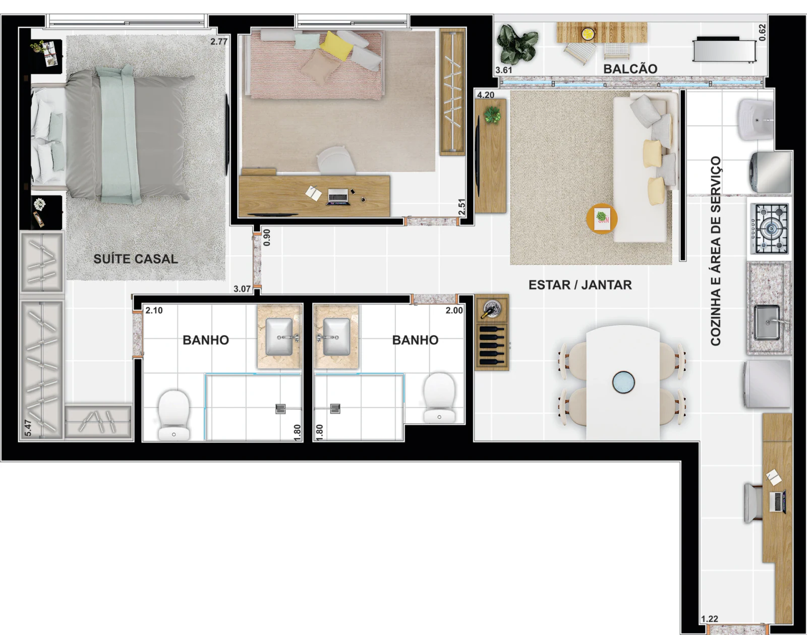 Planta 2 Quartos e 63 m² no Soft Jardim América