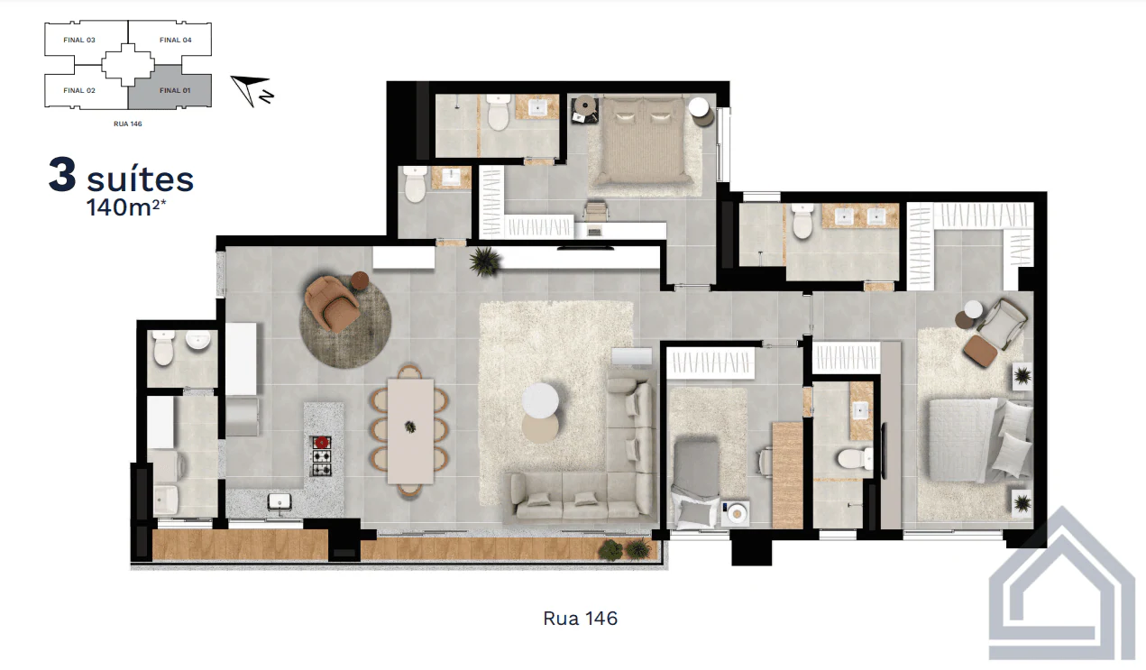 Planta 3 Quartos e 140 m² no Talk Marista