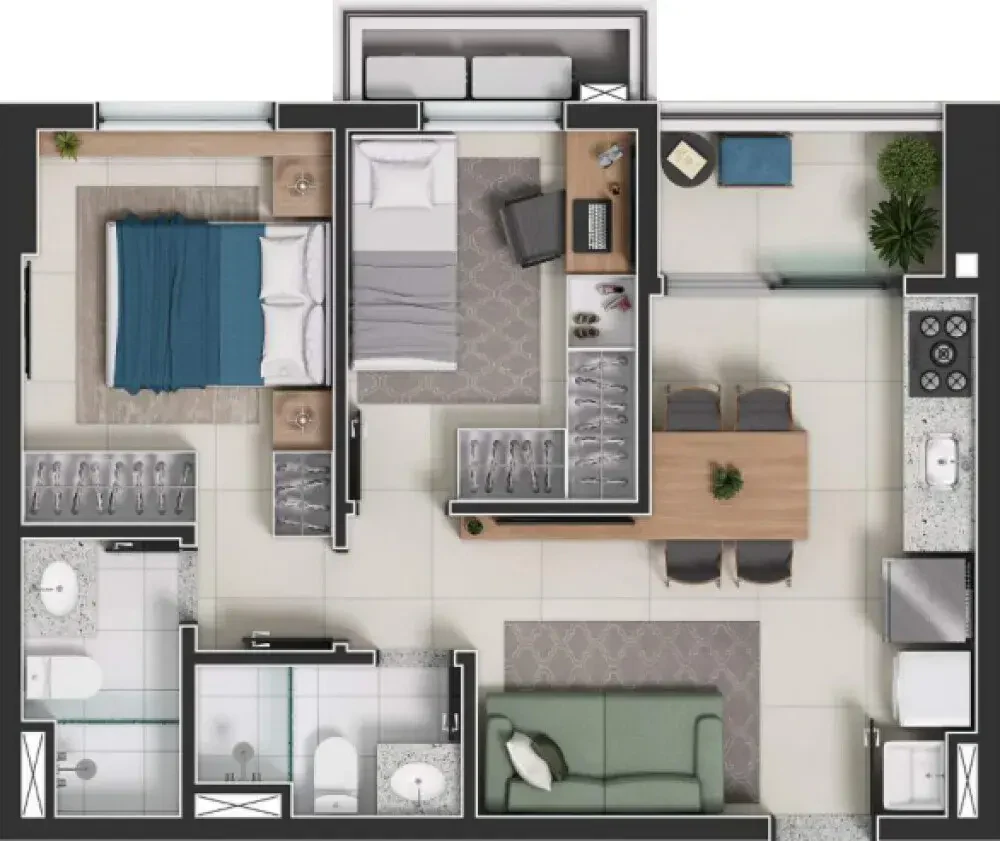 Planta 2 Quartos e 52 m² no FR Atlant