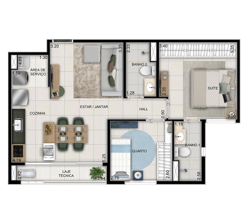 Planta 2 Quartos e 58 m² no Wish 211