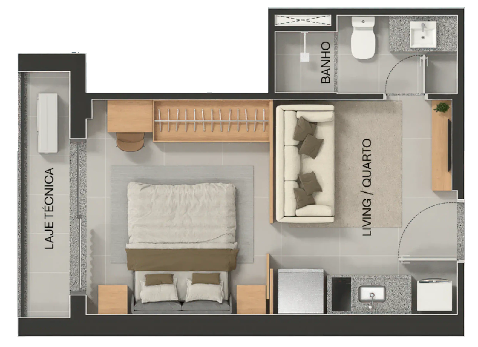 Planta Studio e 29 m² no City Code Areião