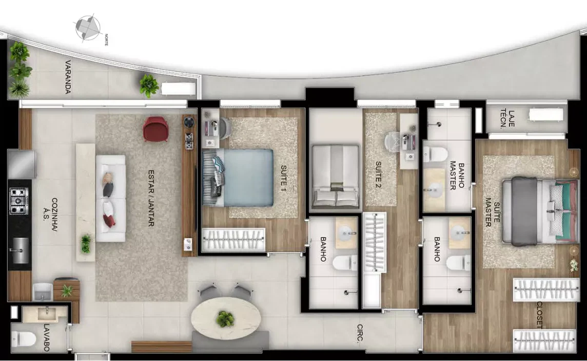 Planta 3 Quartos e 100 m² no Opus Nido