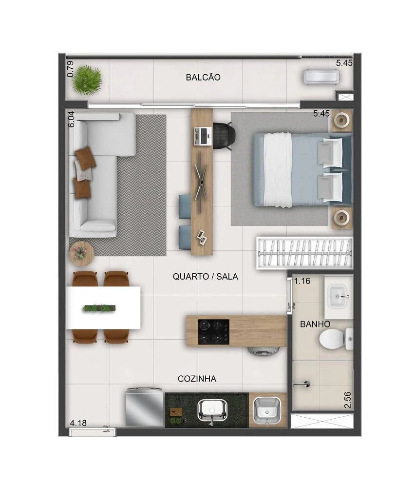 Planta Studio e 38 m² no Smart Parque Areião