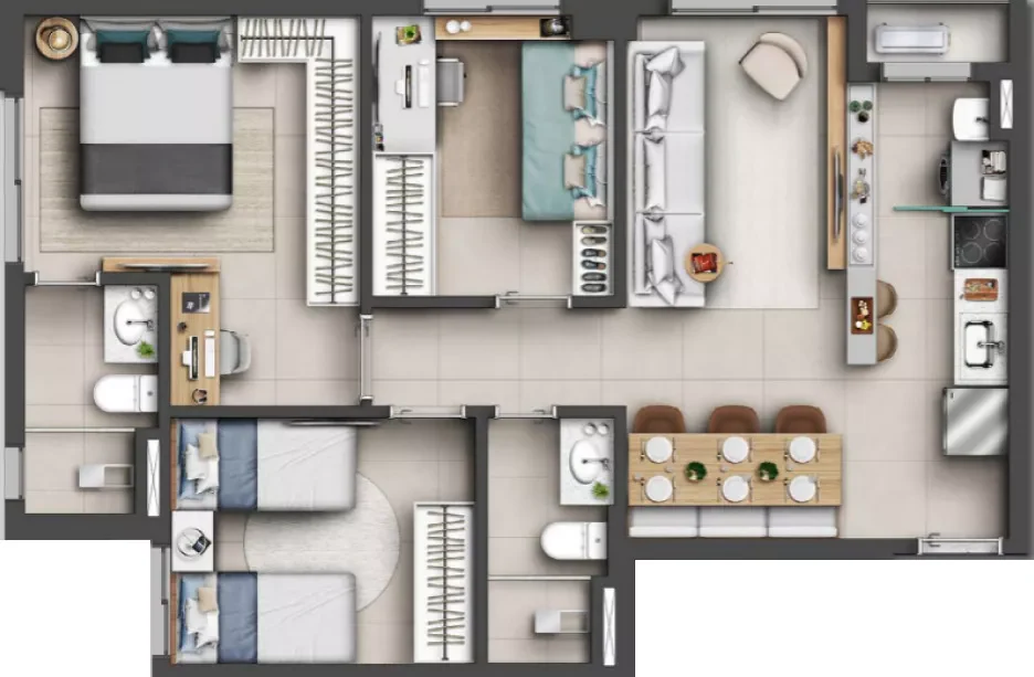 Planta 3 Quartos e 68 m² no Level Home Resort