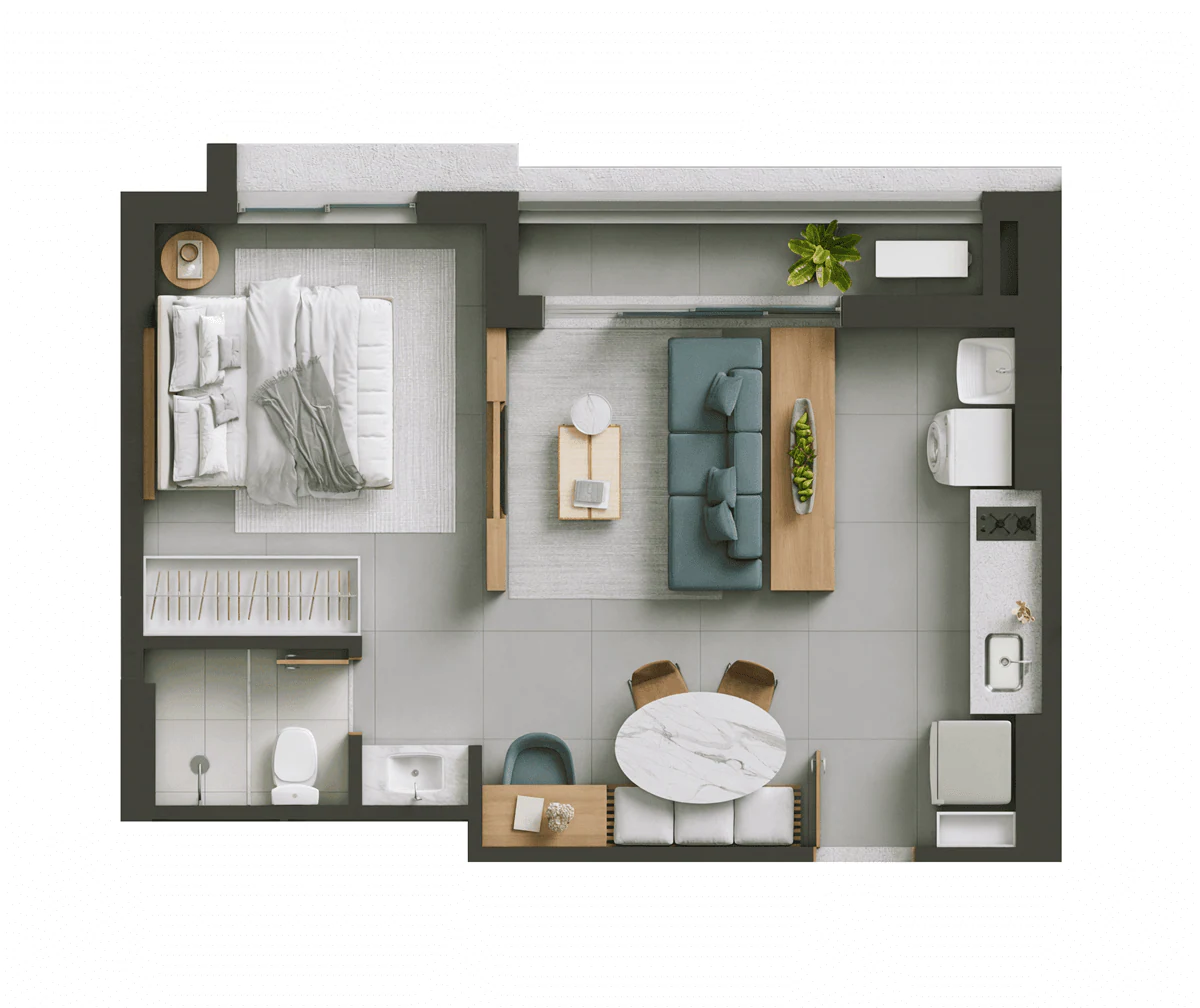 Planta Studio e 41 m² no Hello Vision