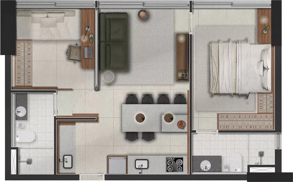 Planta 2 Quartos e 53 m² no Ambiente Terral Vaca Brava