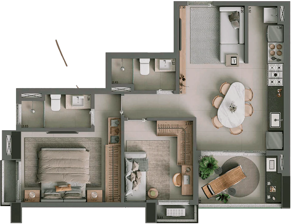 Planta 2 Quartos e 66 m² no Casa Neo Varandas Marista