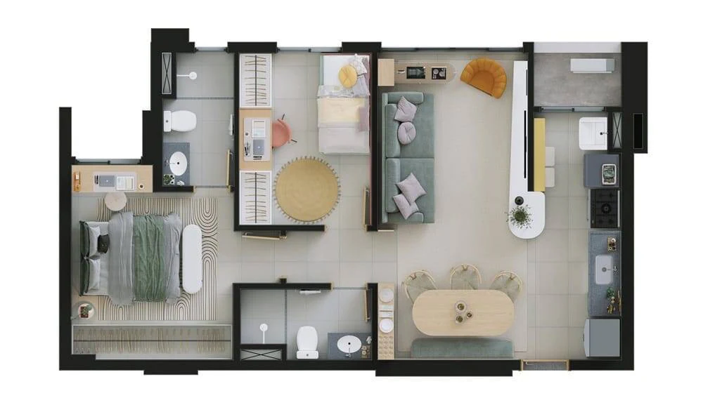 Planta 2 Quartos e 58 m² no Ludovic Apartments