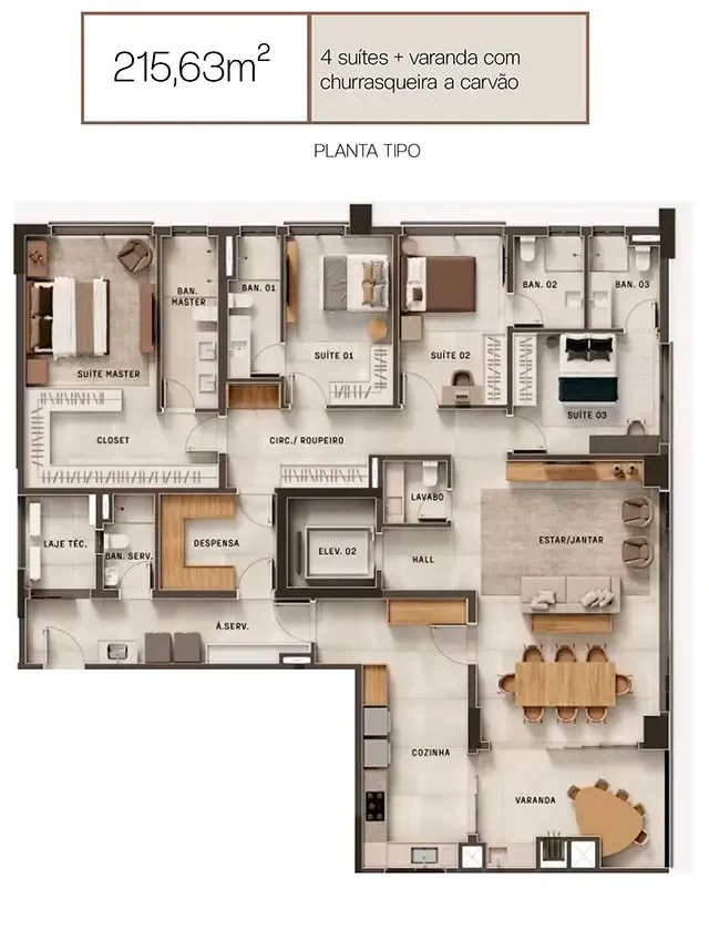 Planta 4 Quartos e 215 m² no Casa Conceito Praça do Sol