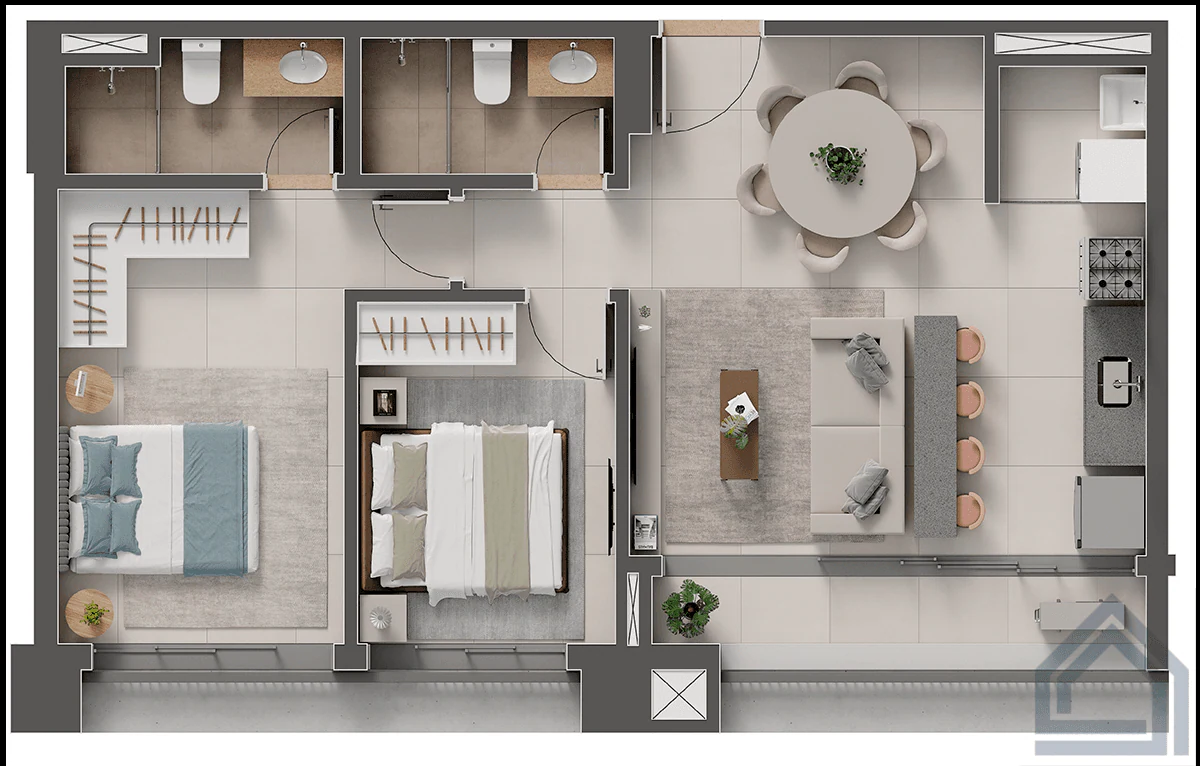 Planta 2 Quartos e 64 m² no Itá Marista