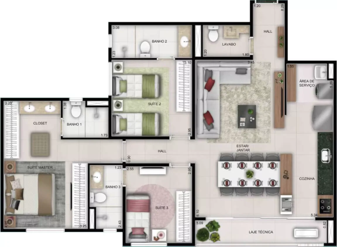 Planta 3 Quartos e 100 m² no Wish Gran 29