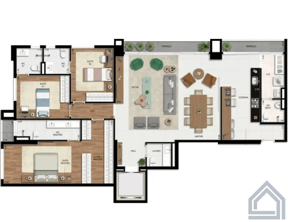 Planta 3 Quartos e 157 m² no Opus Araguaya