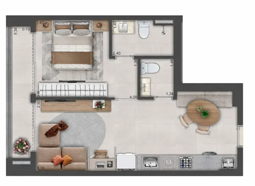 Planta 1 Suíte e 54 m² no Tempo Flamboyant Residencial