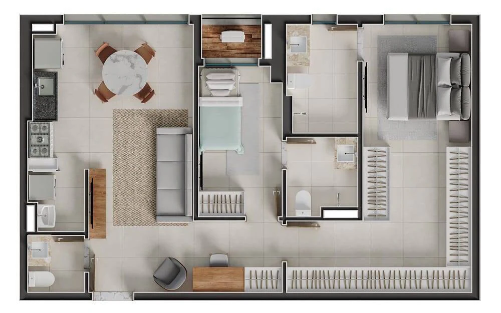 Planta 2 Quartos e 74 m² no Gaudí Residencias
