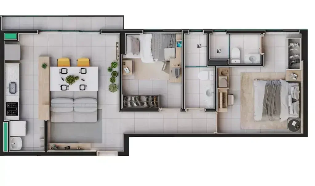 Planta 2 Quartos e 63 m² no Play Residence