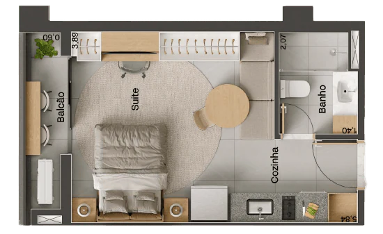 Planta 1 Quarto e 29 m² no Hype Vaca Brava