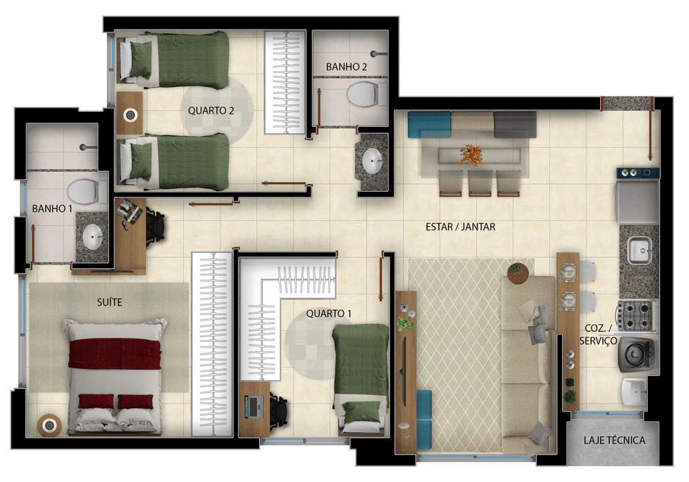 Planta 3 Quartos e 71 m² no Duo Sky Garden