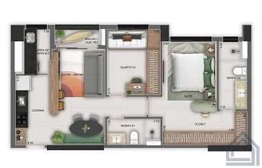 Planta 2 Quartos e 65 m² no Closer 23 Home Brasal