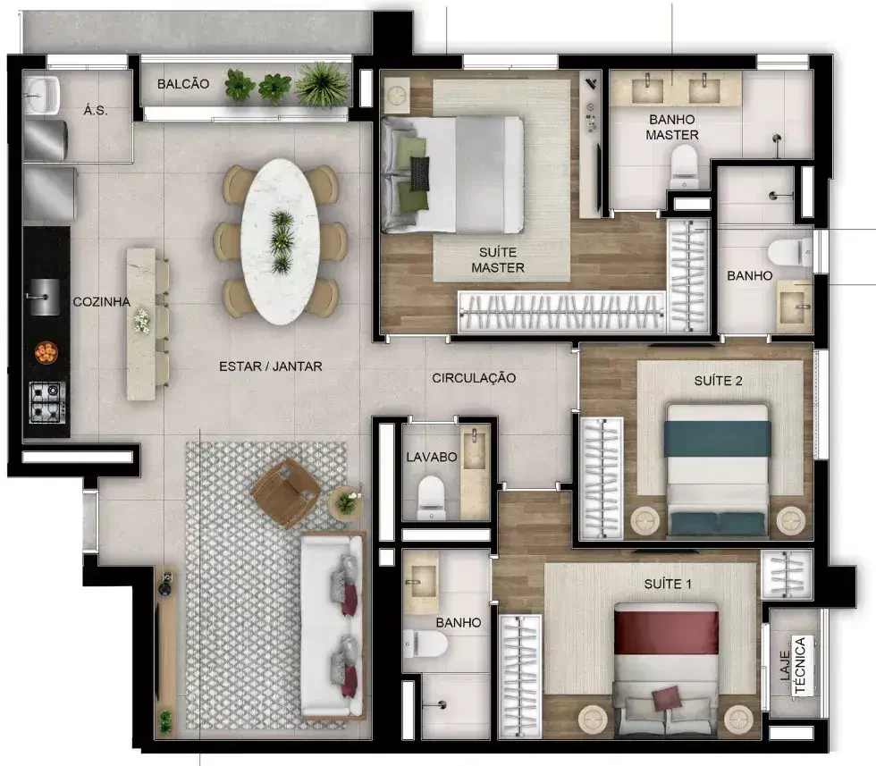 Planta 3 Quartos e 100 m² no Opus Sync