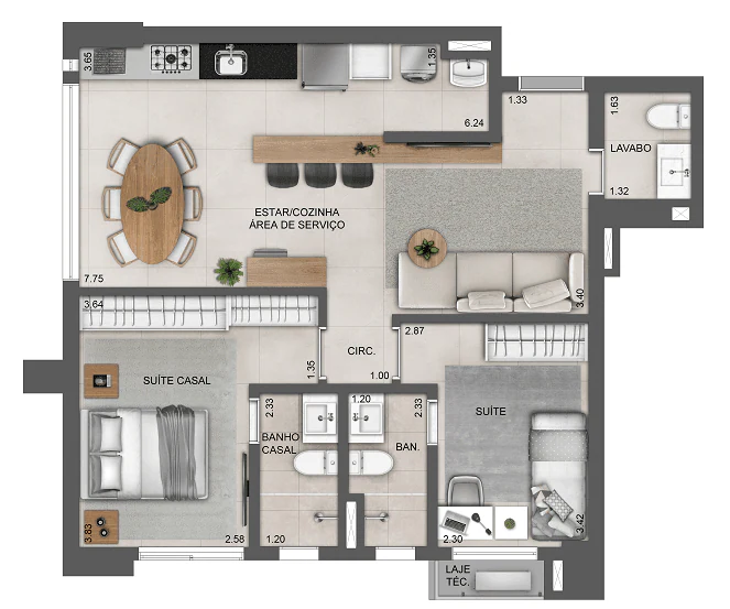 Planta 2 Quartos e 70 m² no Nest23