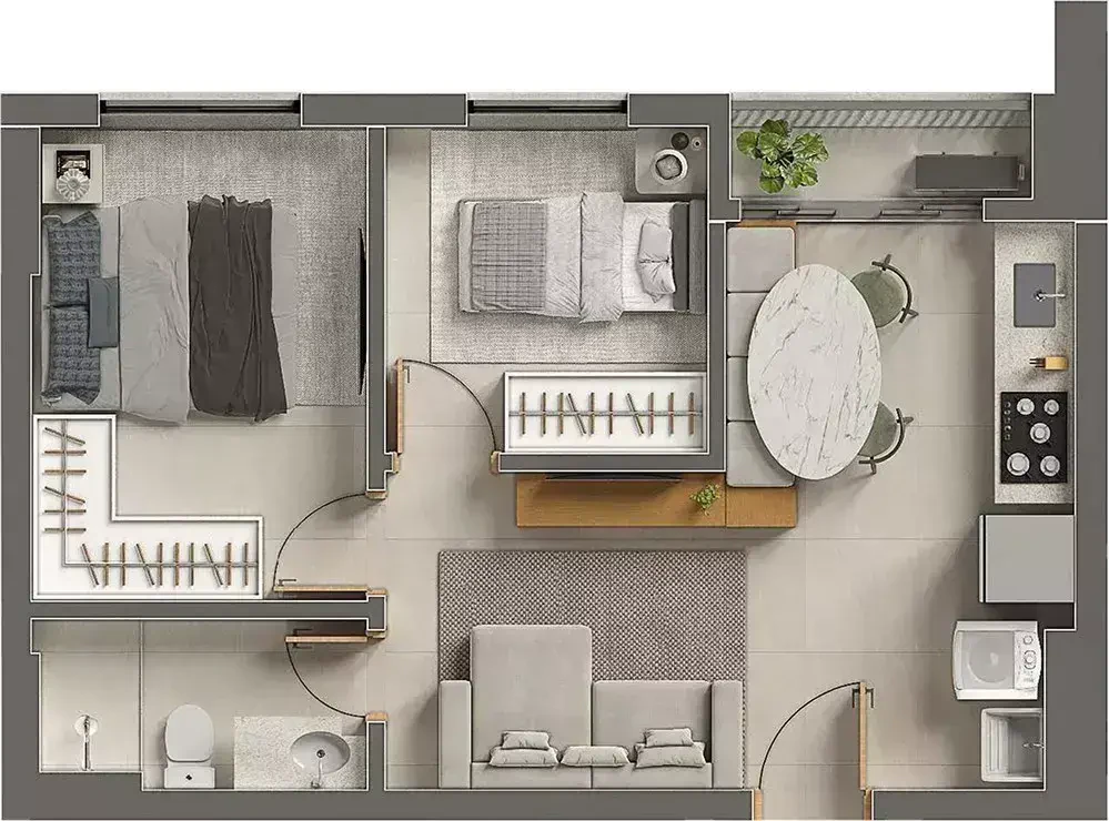 Planta 2 Quartos e 43 m² no Casamérica Parque Cascavel